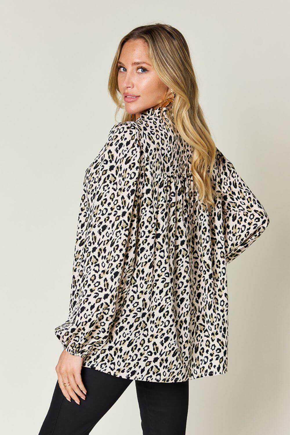 DOUBLE TAKE Full Size Leopard Long Sleeve Blouse at Bella Road