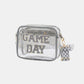 Transparent crossbody bag with "GAME DAY" glitter letters and zigzag strap, perfect for stadiums.