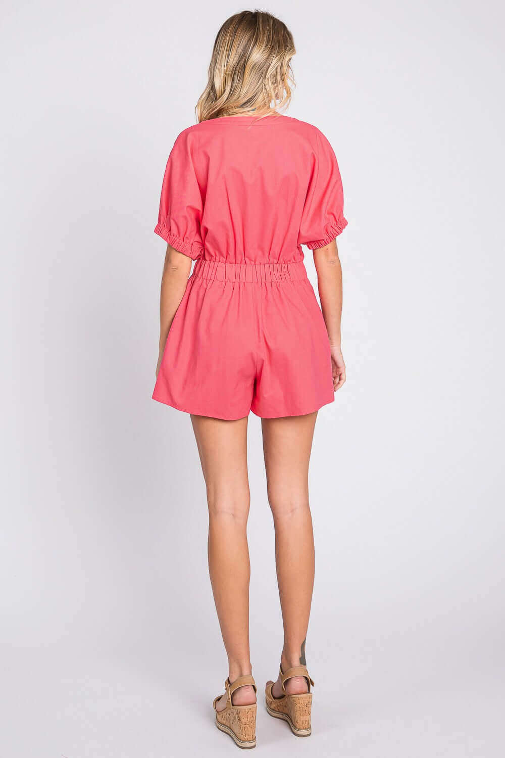 GEEGEE Half Button V-Neck Linen Romper at Bella Road