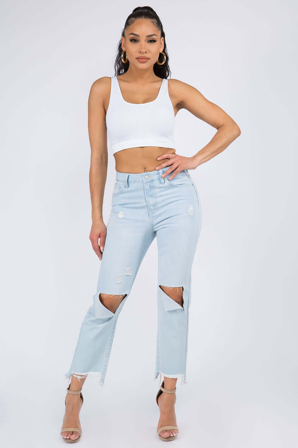 High Waist Distressed Raw Hem Jeans with a white tank top for a chic and casual outfit