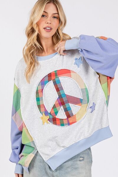 SAGE + FIG Contrast Peace Patch Dropped Shoulder Sweatshirt with colorful peace symbol and loose fit for comfort.