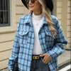 Bella Road Plaid Collared Neck Long Sleeve Jacket - Sky Blue