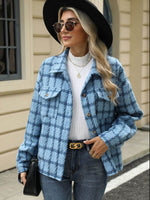 Woman wearing Bella Road Plaid Collared Neck Long Sleeve Jacket with jeans and accessories for a stylish cool weather look