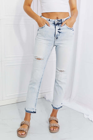 Camille Acid Wash Crop Straight Jeans with distressed detailing, worn by model, trendy casual street style, light blue denim.