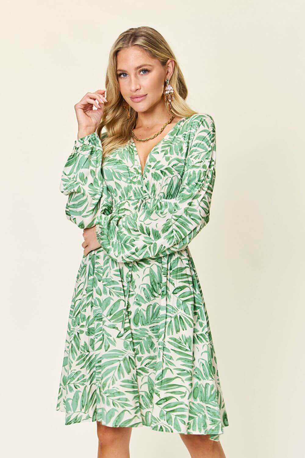 DOUBLE TAKE Full Size Printed Ruched Balloon Sleeve Dress at Bella Road