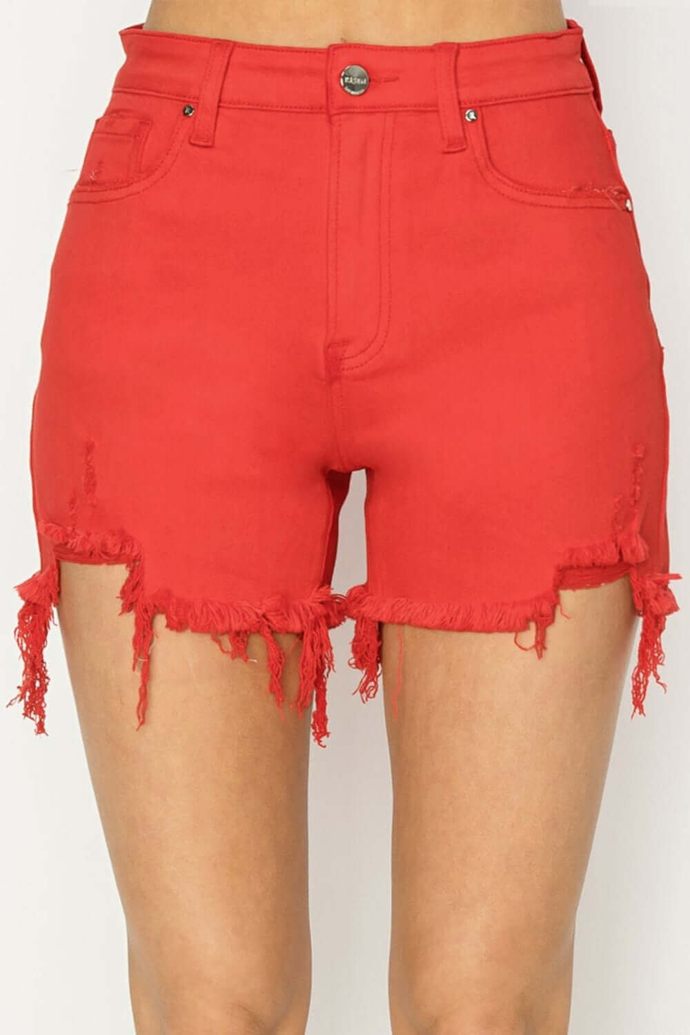 High Rise Distressed Denim Shorts in vibrant red with frayed edges by Risen Jeans. Perfect for a bold, stylish look.