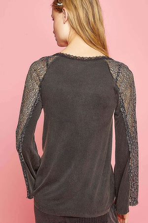 POL V-Neck Long Sleeve Lace Patch Top at Bella Road