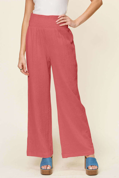 DOUBLE TAKE Full Size Texture Smocked Waist Wide Leg Pants at Bella Road