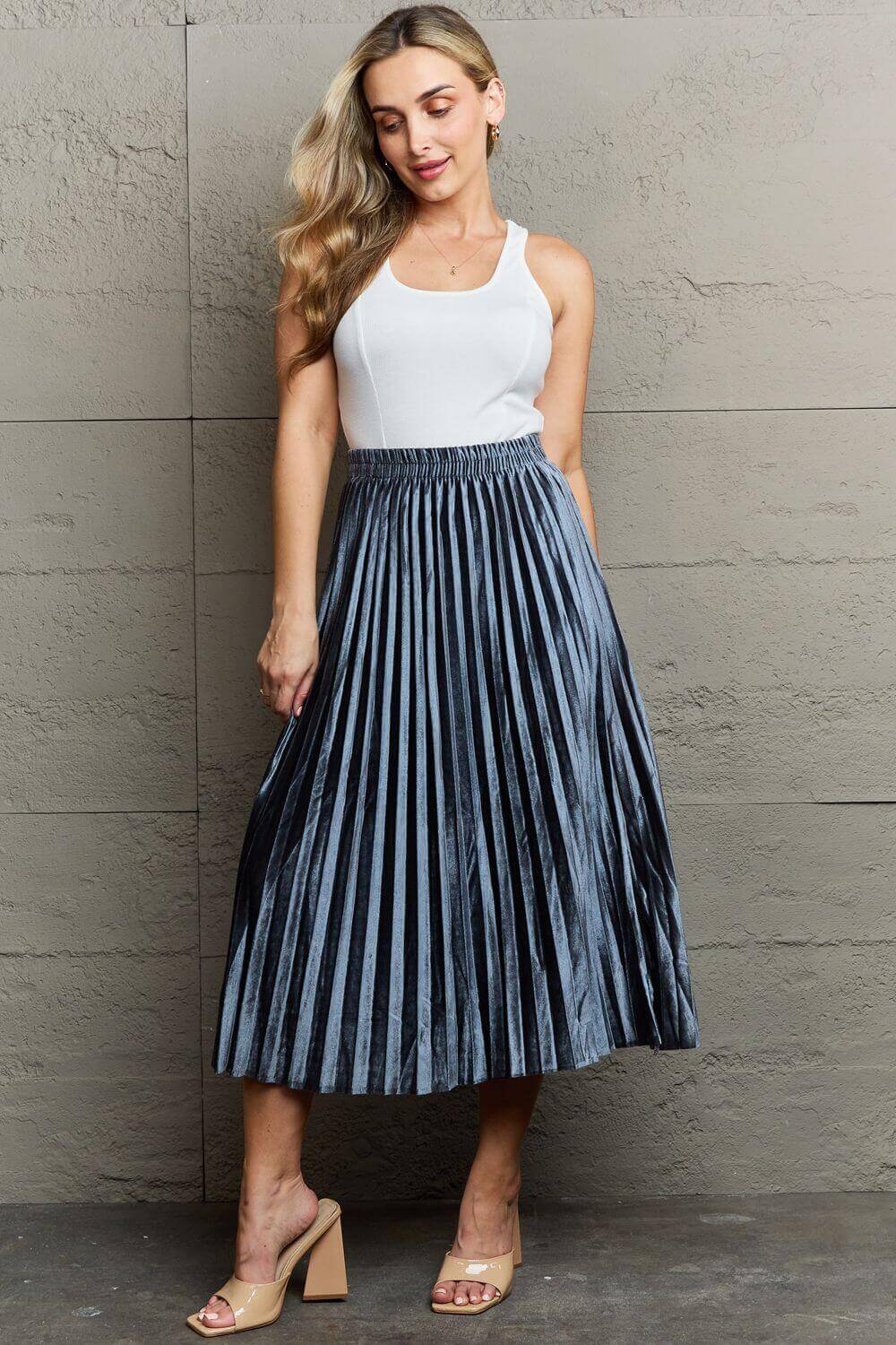 NINEXIS Accordion Pleated Flowy Midi Skirt at Bella Road