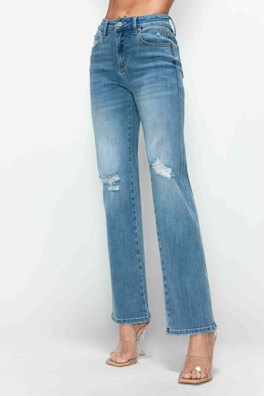 bytos Full Size Distressed High Rise Straight Jeans showcasing a flattering fit with trendy rips and a classic straight-leg design.