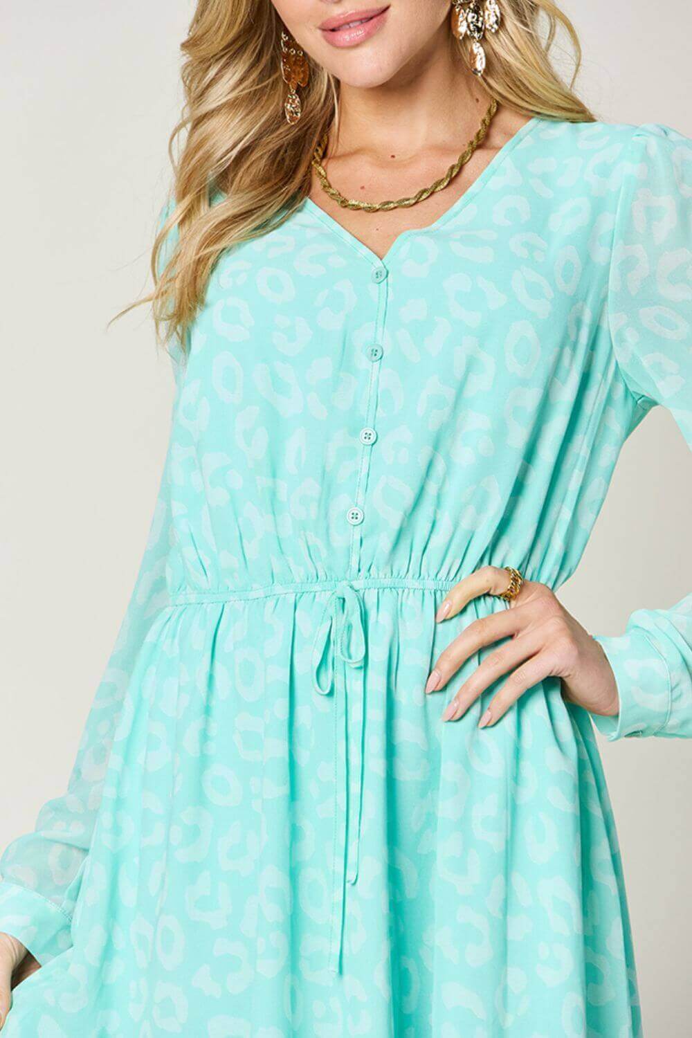 DOUBLE TAKE Full Size Printed Ruched V-Neck Long Sleeve Dress at Bella Road