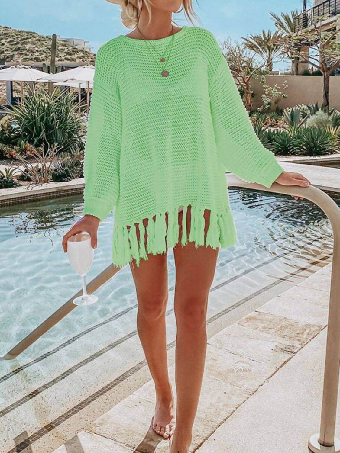 DOUBLE TAKE Openwork Tassel Hem Long Sleeve Knit Cover Up at Bella Road