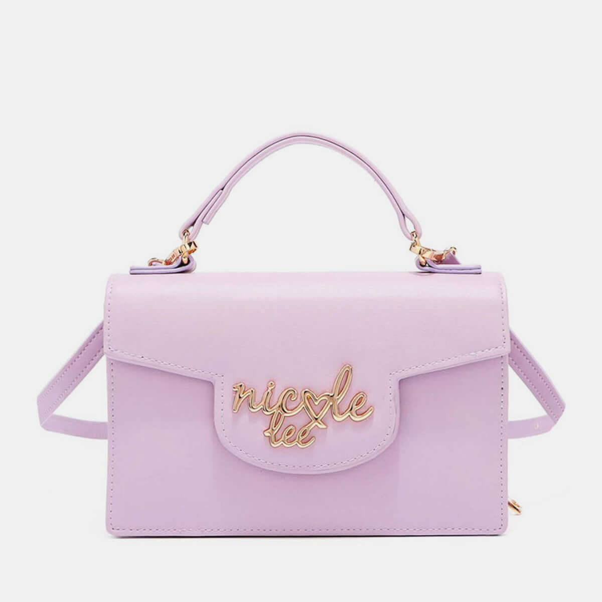 Nicole Lee USA small crossbody wallet in lavender vegan leather with gold logo and adjustable strap.