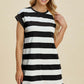 Woman wearing Basic Bae Full Size Striped Round Neck Cap Sleeve Mini Dress in black and white stripes, looking stylish and comfortable