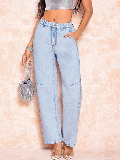 Stylish Bella Road straight leg jeans with pockets in light blue, perfect for trendy adventures.