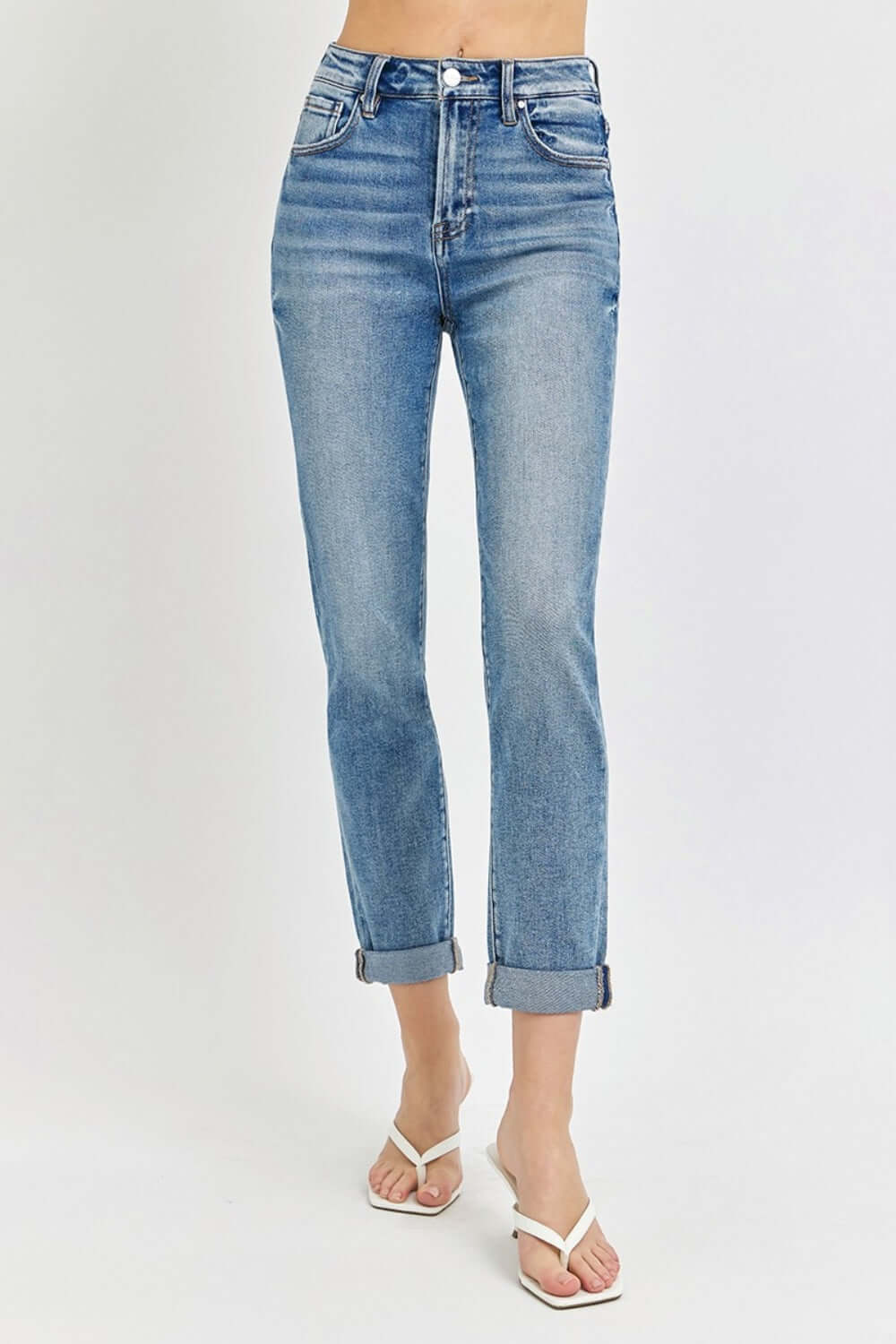 High Rise Cropped Roll Up Jeans with stylish high waist and rolled-up cuffs, perfect for showing off shoes and enhancing curves - Risen Jeans