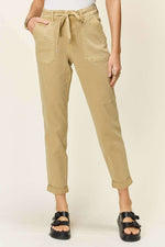 High Waist Jogger Jeans with Elasticized Waistband and Adjustable Drawstring in Beige - Judy Blue Jeans