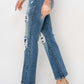 High Rise Distressed Ankle Flare Risen Jeans for Petite Women, featuring stylish rips, high waist, and flattering ankle flare cut