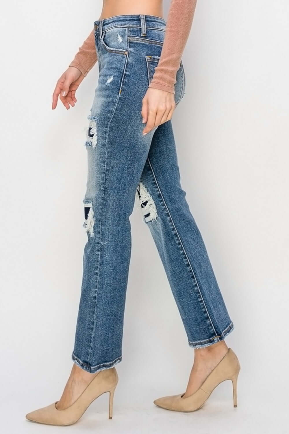 High Rise Distressed Ankle Flare Risen Jeans for Petite Women, featuring stylish rips, high waist, and flattering ankle flare cut