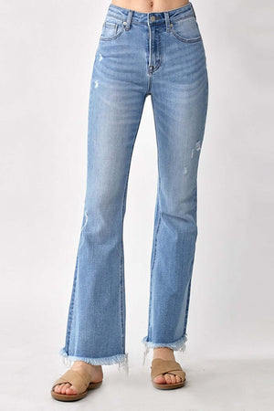 High Rise Frayed Hem Bootcut Jeans by Risen Jeans, showcasing a trendy high-rise waist and stylish frayed hem for an edgy and timeless look.