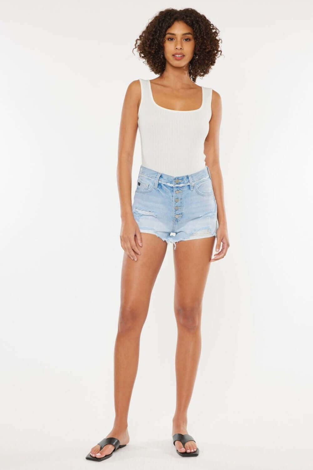 KANCAN Distressed Button Fly Denim Shorts at Bella Road