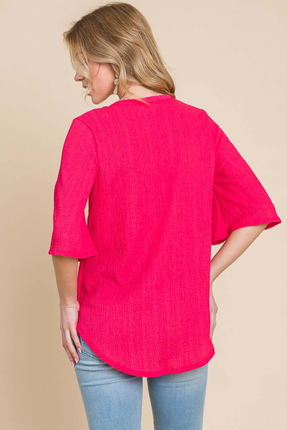 BOMBOM Texture Decorative Button V-Neck Top at Bella Road