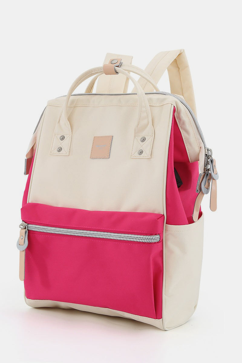 Himawari large water-resistant canvas backpack with pink and cream design, featuring convenient side pockets for stylish adventures.