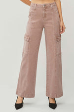 High-rise wide leg cargo jeans with a trendy and practical design, featuring multiple pockets and a comfortable silhouette.