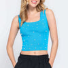 Pearl Detail Square Neck Cropped Tank - Aquablue