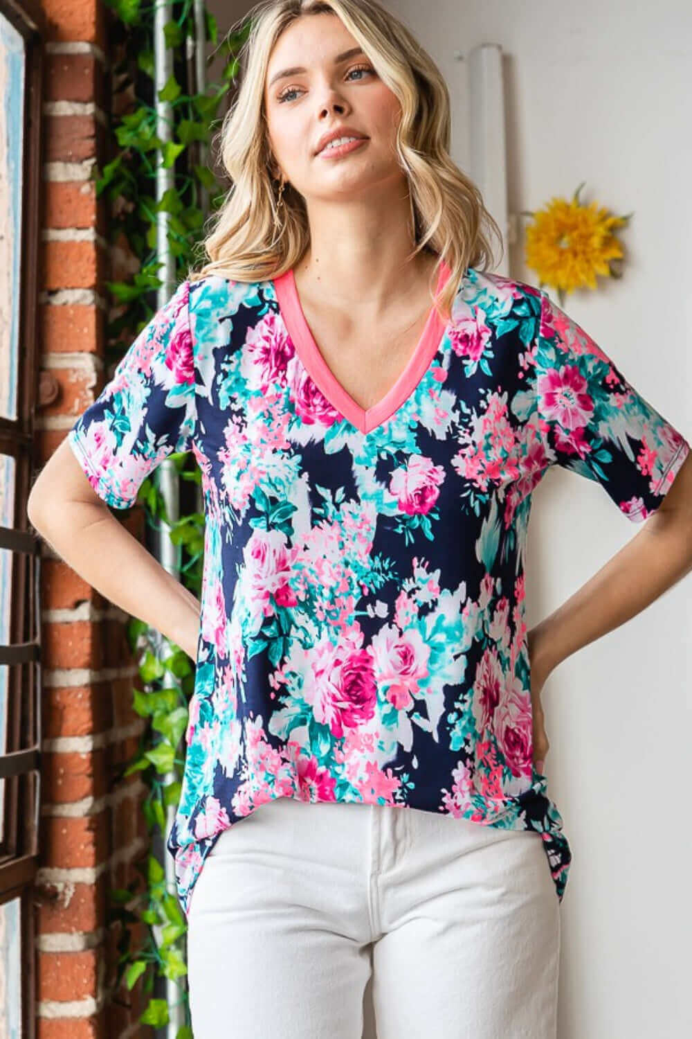 HEIMISH Full Size Floral V-Neck Short Sleeve T-Shirt at Bella Road