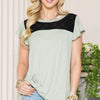 Contrast Round Neck Flounce Sleeve Top | Full Size - Sage