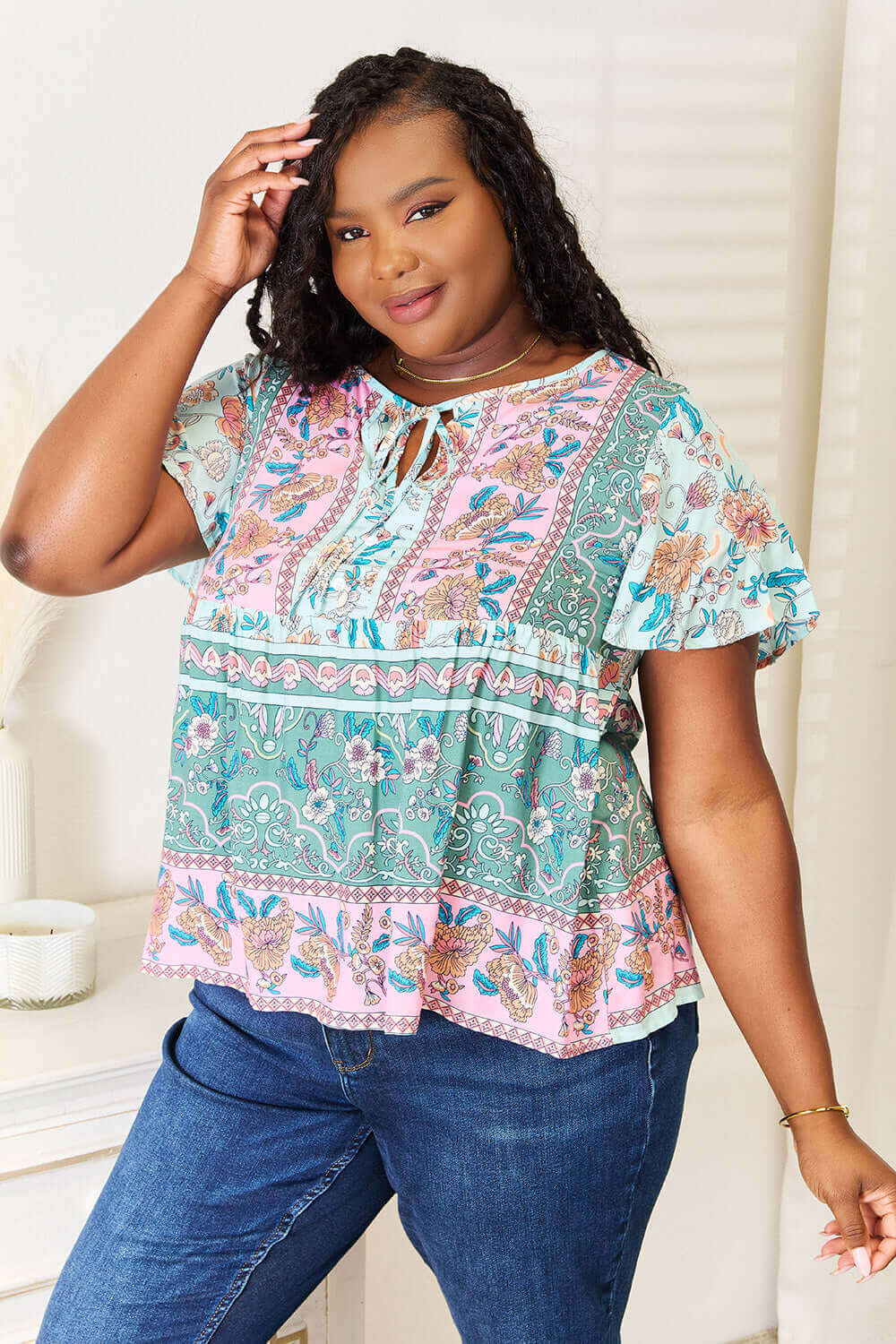 DOUBLE TAKE Floral Tie Neck Short Sleeve Blouse at Bella Road