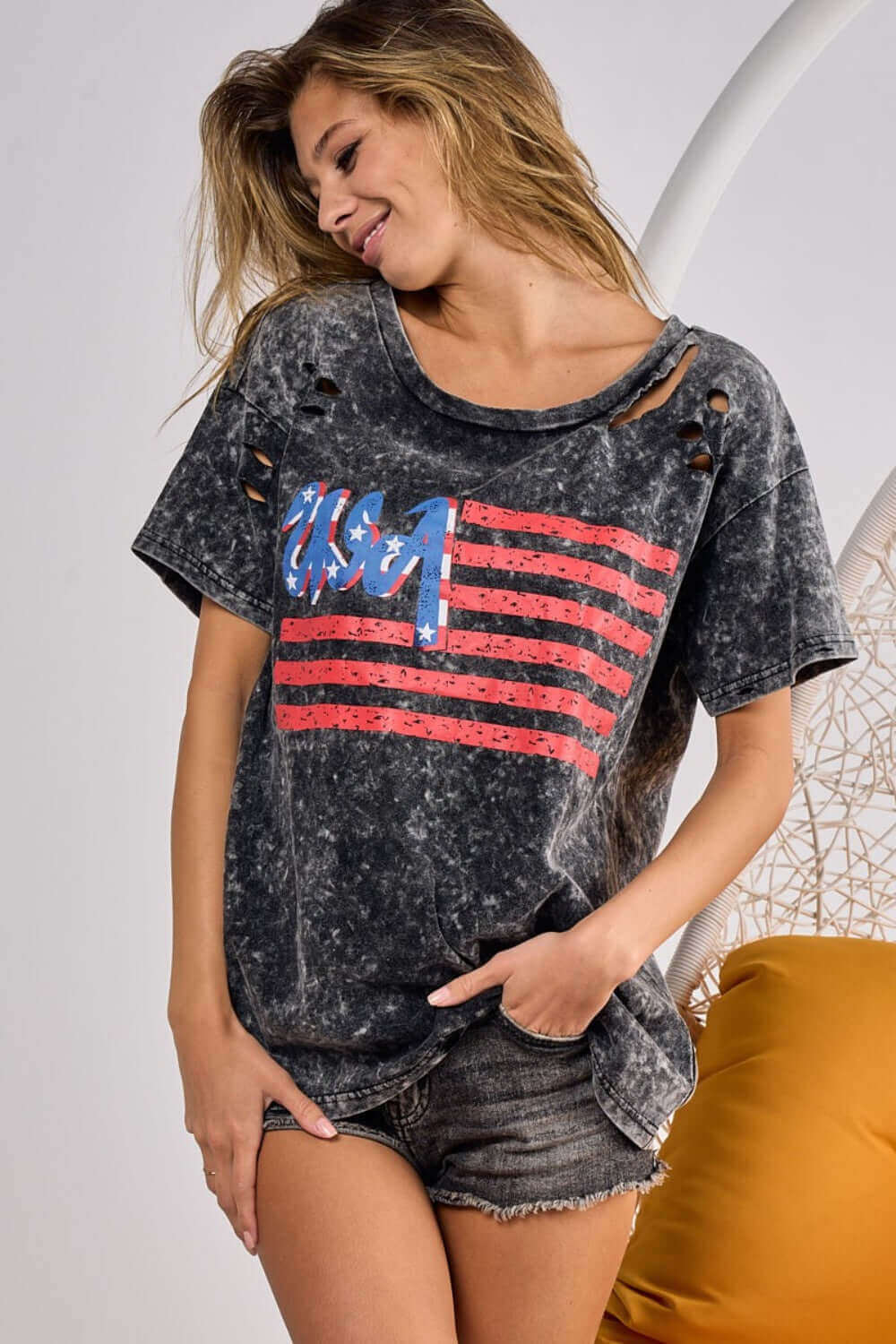 BIBI US Flag Washed Laser Cut T-Shirt at Bella Road