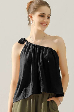 NINEXIS One Shoulder Bow Tie Strap Satin Silk Top at Bella Road