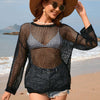 Openwork Dropped Shoulder Long Sleeve Cover-Up - Black