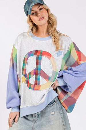 SAGE + FIG Contrast Peace Patch Dropped Shoulder Sweatshirt with colorful peace patch and loose fit style.