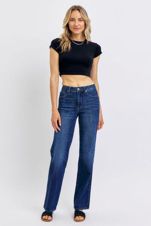 Judy Blue full size tummy control straight jeans, featuring a flattering fit and moderate stretch for everyday comfort.