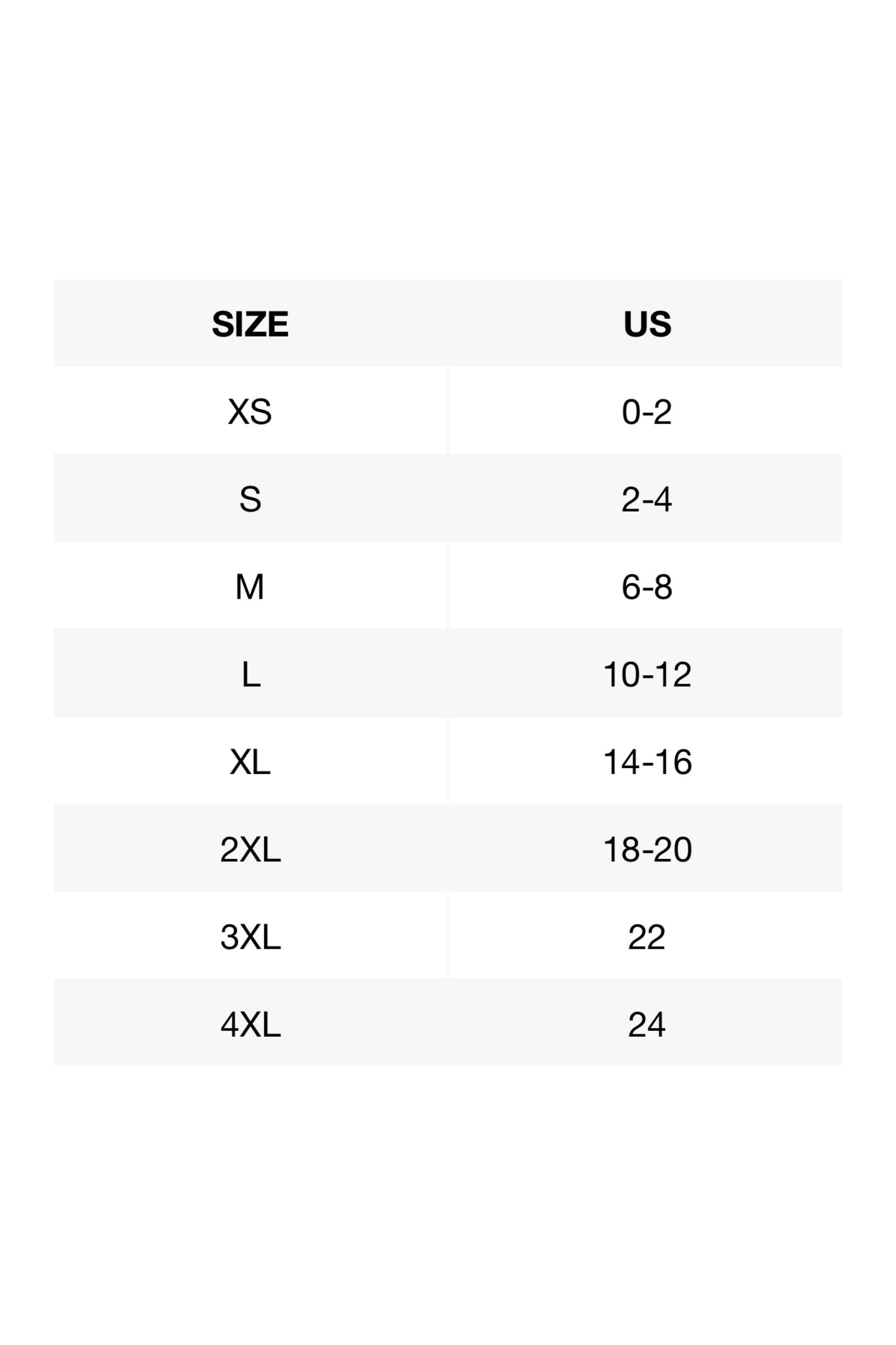 Size chart for Millennia High Waist Training Shorts showing US sizes XS to 4XL for perfect fit.