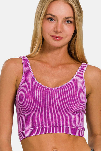 Washed Ribbed Cropped V-Neck Tank