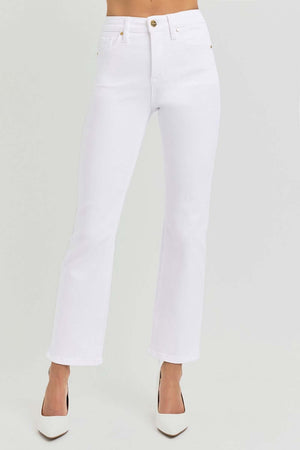 High-rise white cropped straight jeans with tummy control and elastic band for comfort and style.