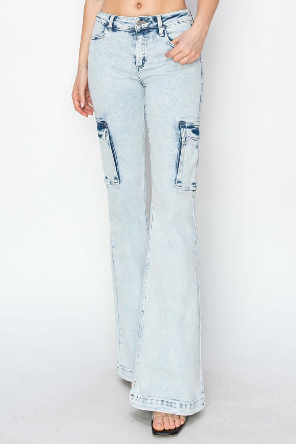 Full size high rise cargo flare jeans with a trendy retro vibe and functional pockets, enhancing silhouette and comfort.