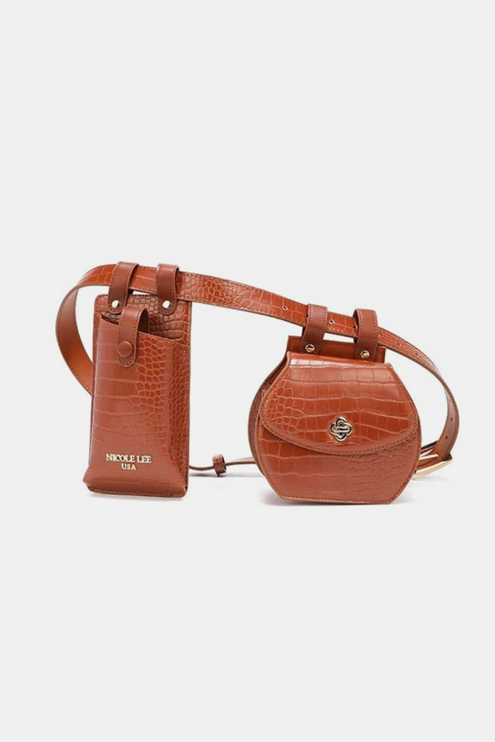 Nicole Lee USA 2 Piece Texture Belt Bag in vegan leather with adjustable strap, featuring removable phone case and messenger pouches.