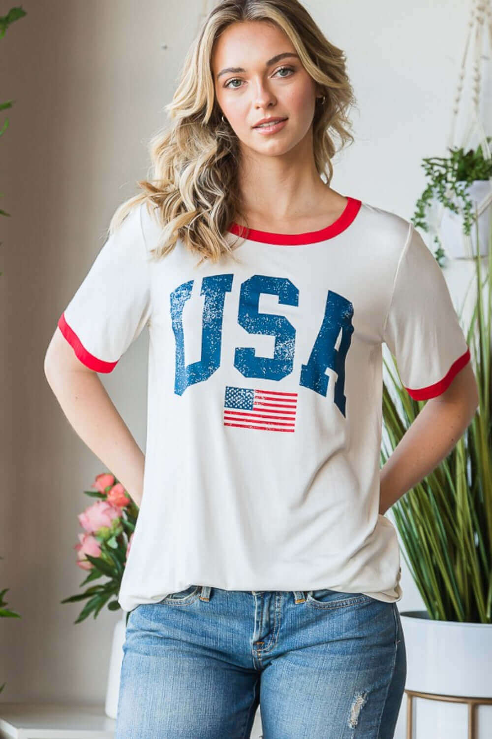 HEIMISH Full Size USA Contrast Trim Short Sleeve T-Shirt at Bella Road