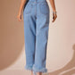 Back view of Bella Road Plush Hem High Rise Straight Jeans with stylish fringe hem and buttoned pockets.