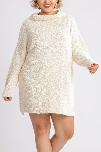 Umgee plus size high-low long sleeve boucle sweater dress in cozy white, perfect for stylish winter outfits.