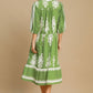 Back view of Umgee Printed Notched Midi Dress in green with white print, perfect for casual or semi-formal occasions.