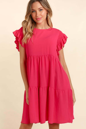 Full Size Smocking Ruffle Short Sleeve Dress with Pockets