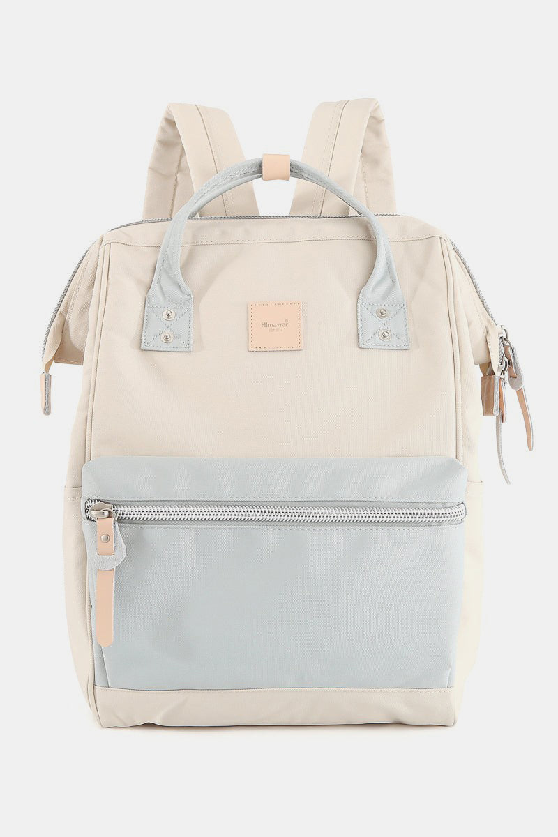 Himawari water-resistant canvas backpack with side pockets, eco-friendly design in beige and pastel blue, perfect for adventures.