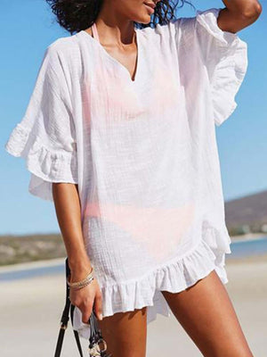 Bella Road Swim Ruffled V-Neck Half Sleeve Cover Up in white, perfect for beach days and poolside lounging.