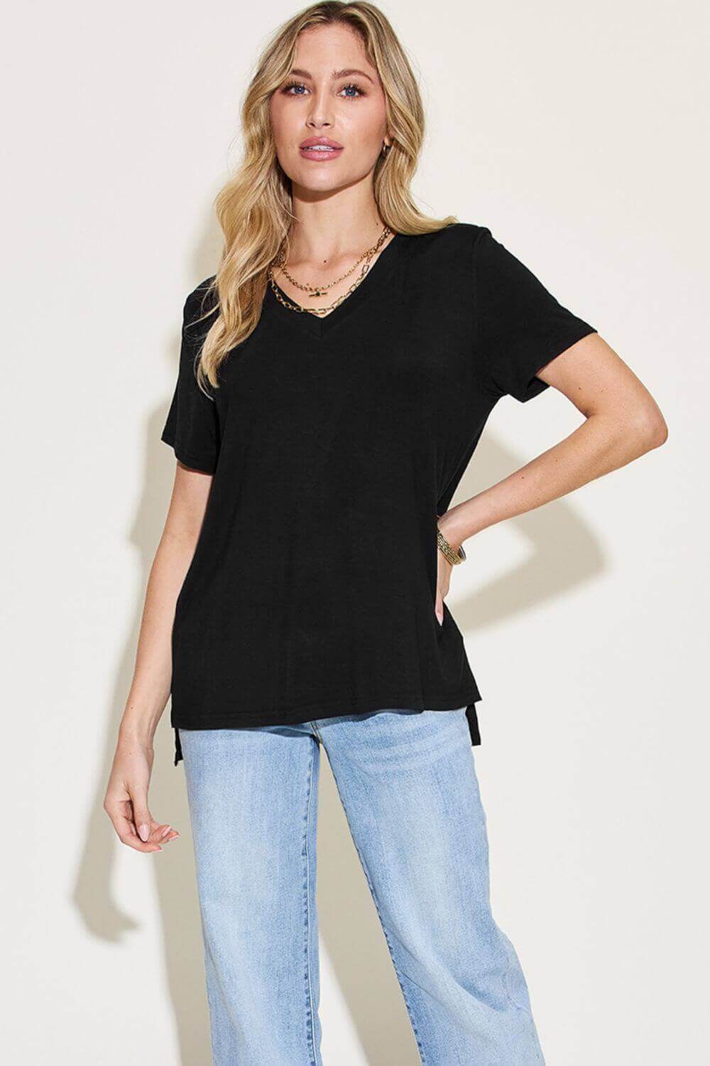 BASIC BAE Full Size V-Neck High-Low T-Shirt at Bella Road